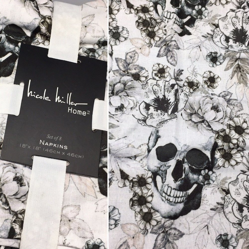 8 Nicole Miller Halloween Skull Floral Napkin Set 18" Medallion Gray Black White